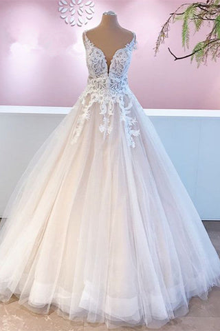 Elegante vestido de novia largo de corte A con apliques, encaje, tul y escote corazón sin espalda