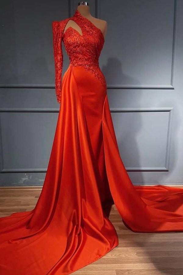Elegante vestido de fiesta largo de satén con corte en A, un solo hombro y mangas