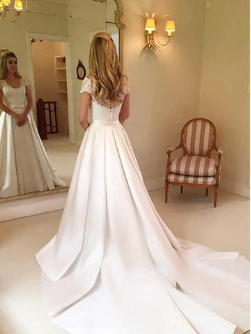 Elegante vestido de novia largo de corte A, de satén y encaje, con mangas