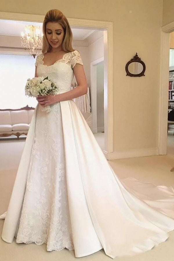 Elegante vestido de novia largo de corte A, de satén y encaje, con mangas