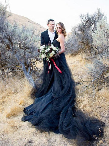 Elegante vestido de novia largo de tul negro sin tirantes, corte en A