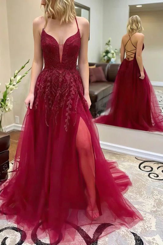 Elegante vestido de fiesta largo de corte A, escote corazón, tul, espalda descubierta y abertura