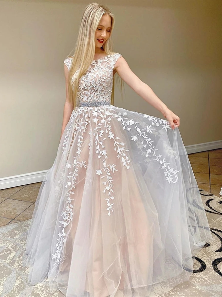 Elegant Long A-line Tulle Lace Round Neck Backless Formal Prom Dresses
