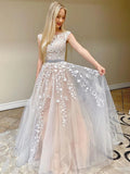 Elegant Long A-line Tulle Lace Round Neck Backless Formal Prom Dresses