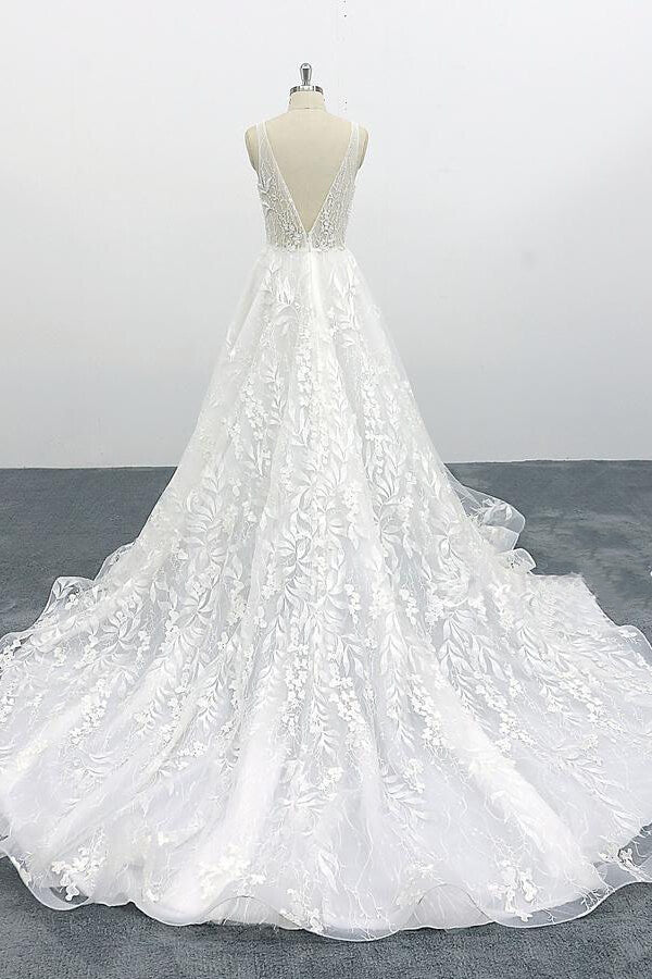 Robe de mariée élégante longue trapèze, col en V, appliques en dentelle et tulle dos nu