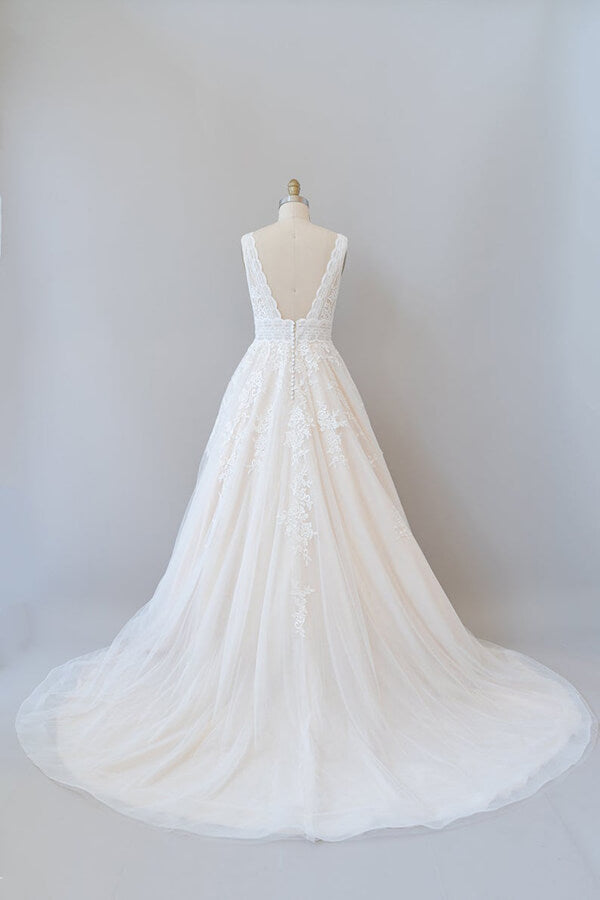 Robe de mariée élégante longue trapèze, col en V, appliques en dentelle et tulle dos nu