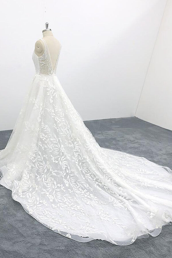 Robe de mariée élégante longue trapèze, col en V, appliques en dentelle et tulle dos nu