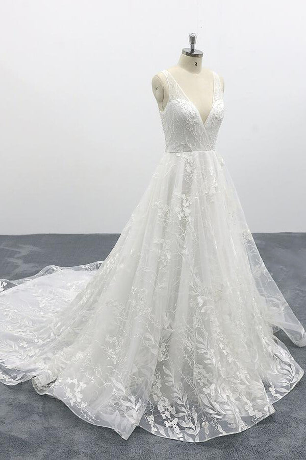 Robe de mariée élégante longue trapèze, col en V, appliques en dentelle et tulle dos nu