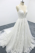 Robe de mariée élégante longue trapèze, col en V, appliques en dentelle et tulle dos nu