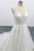 Robe de mariée élégante longue trapèze, col en V, appliques en dentelle et tulle dos nu