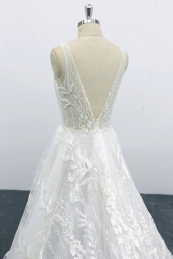 Robe de mariée élégante longue trapèze, col en V, appliques en dentelle et tulle dos nu