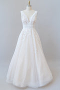 Robe de mariée élégante longue trapèze, col en V, appliques en dentelle et tulle dos nu