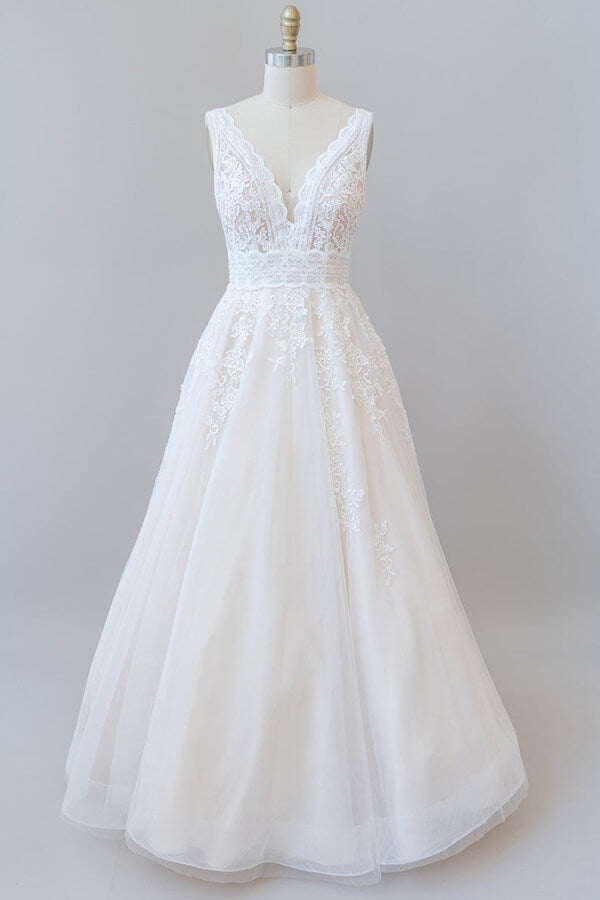 Robe de mariée élégante longue trapèze, col en V, appliques en dentelle et tulle dos nu
