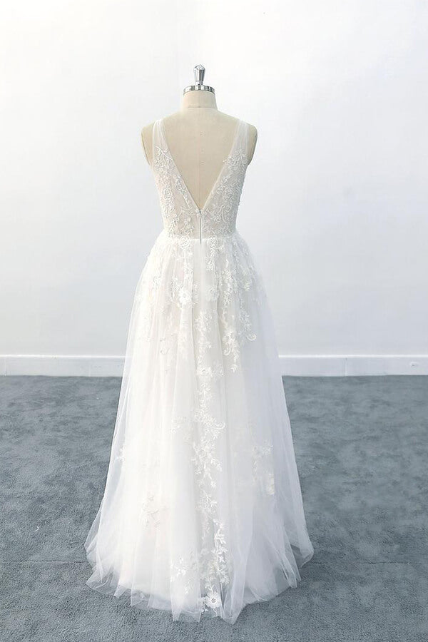 Elegante vestido de novia largo de corte A con escote en V, apliques, tul y espalda descubierta