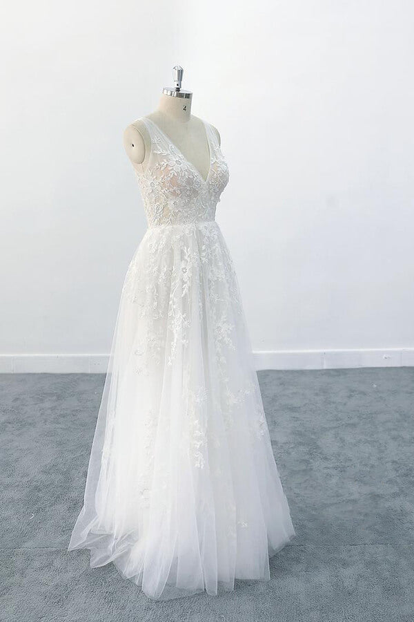 Elegante vestido de novia largo de corte A con escote en V, apliques, tul y espalda descubierta