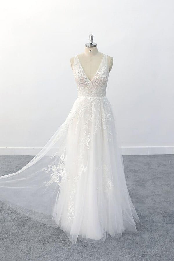 Elegante vestido de novia largo de corte A con escote en V, apliques, tul y espalda descubierta