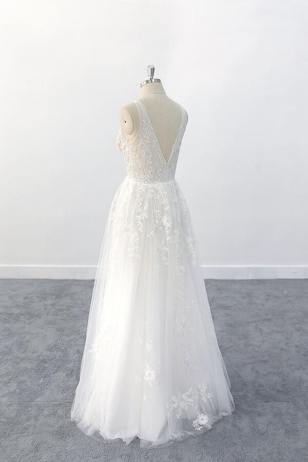 Elegante vestido de novia largo de corte A con escote en V, apliques, tul y espalda descubierta