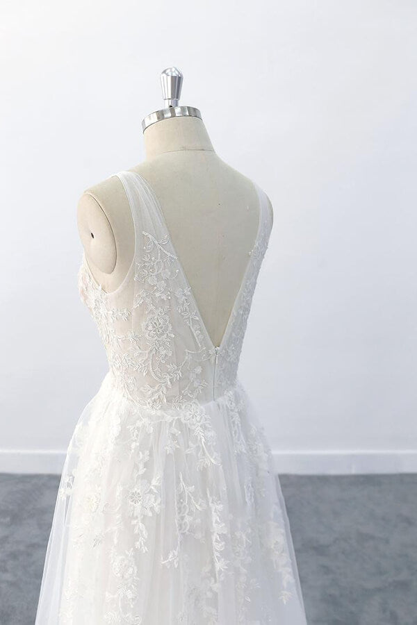 Elegante vestido de novia largo de corte A con escote en V, apliques, tul y espalda descubierta