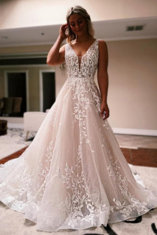 Elegantes vestidos de novia largos de corte A, escote en V, espalda descubierta, encaje brillante y sin mangas