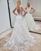 Elegant Long A-line V-neck Backless Tulle Lace Wedding Dress