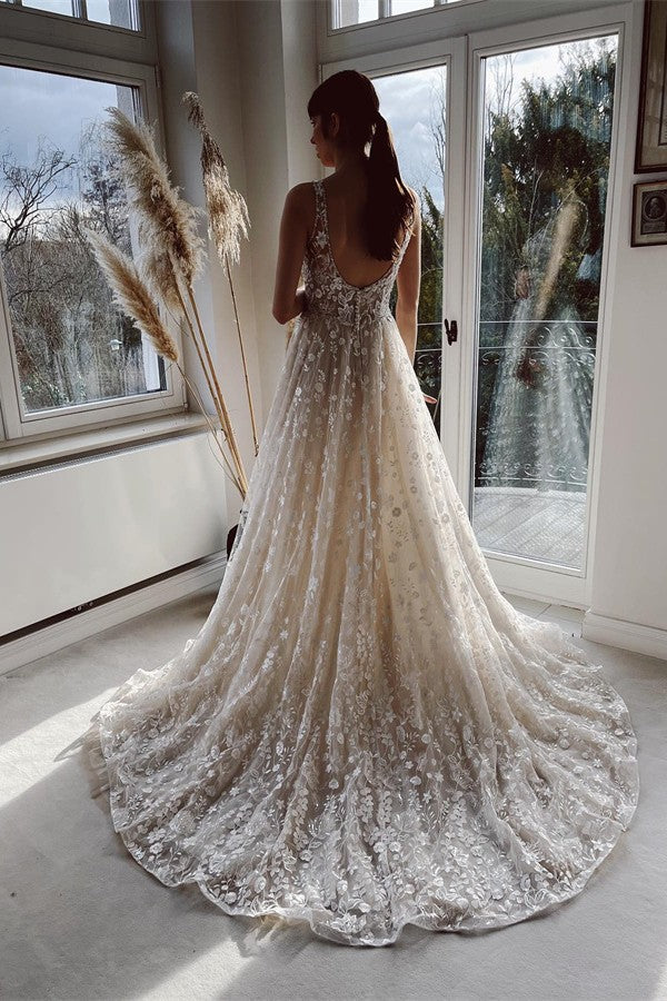 Robes de mariée élégantes longues en tulle et dentelle, coupe trapèze, col en V et dos nu