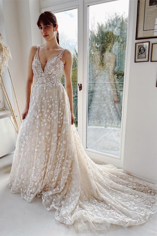 Robes de mariée élégantes longues en tulle et dentelle, coupe trapèze, col en V et dos nu