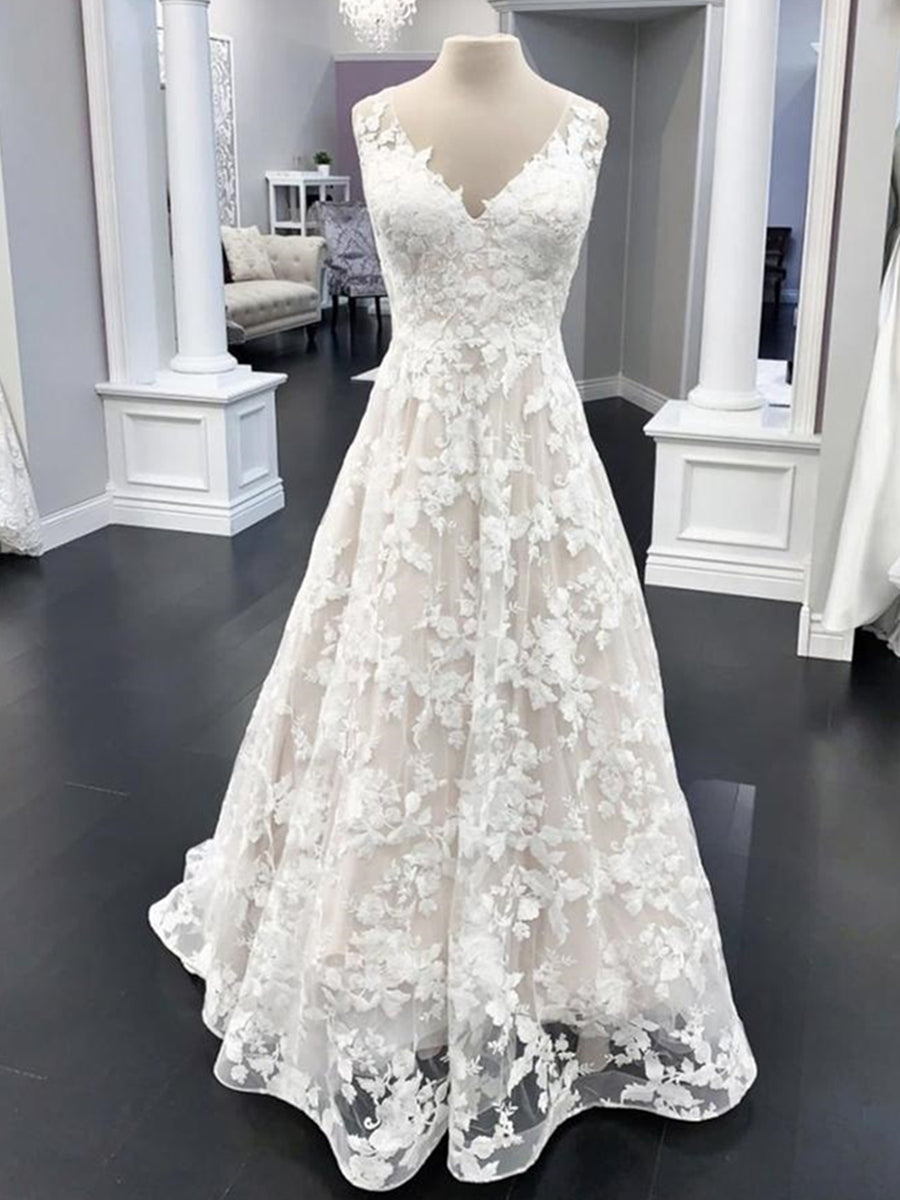 Robes de mariée élégantes longues en dentelle florale et col V, coupe trapèze