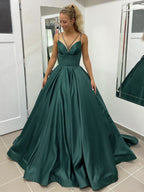 Robe de bal de fin d'année élégante, longue, trapèze, col en V, en satin, dos nu, avec poches