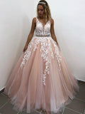 Elegantes vestidos largos de fiesta formales, corte en A, escote en V, tul, encaje y espalda descubierta