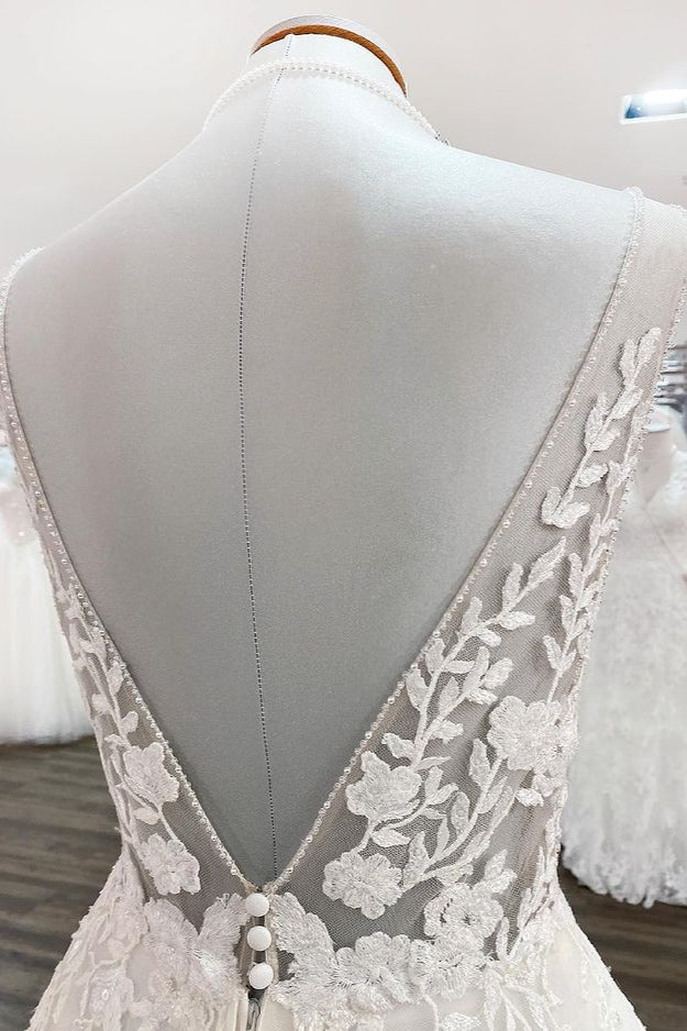 Elegant Long A-line V Neck Tulle Lace Open Back Wedding Dress