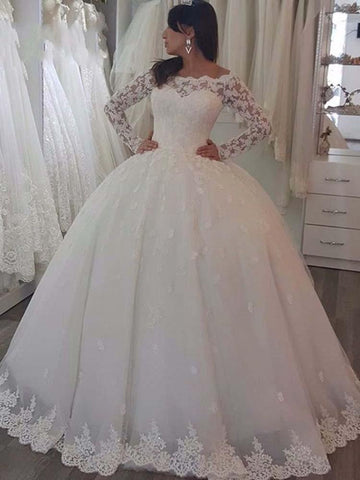 Élégante robe de bal longue, robe de mariée en dentelle bateau avec manches
