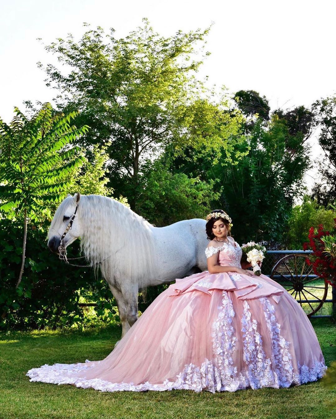 Robe de bal longue et élégante, épaules dénudées, ornée d'appliqués de dentelle et de tulle, idéale pour une quinceañera.