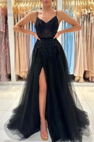 Elegantes vestidos largos de fiesta negros de corte A, con lentejuelas y encaje, con abertura.