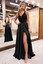 Elegante vestido de noche largo negro de corte A con escote en V, lentejuelas y brillo.
