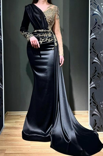 Élégantes robes de soirée sirène noires longues à perles et manches longues