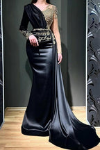 Élégantes robes de soirée sirène noires longues à perles et manches longues