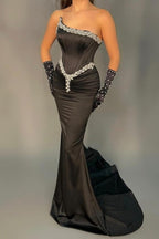 Élégantes robes de soirée sirène noires longues sans manches à sequins