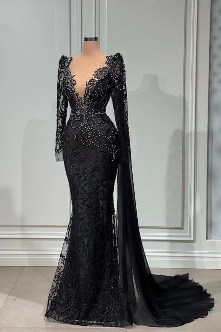 Elegantes vestidos de noche largos negros de encaje con escote en V y corte sirena, con mangas largas.