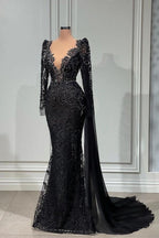 Elegantes vestidos de noche largos negros de encaje con escote en V y corte sirena, con mangas largas.