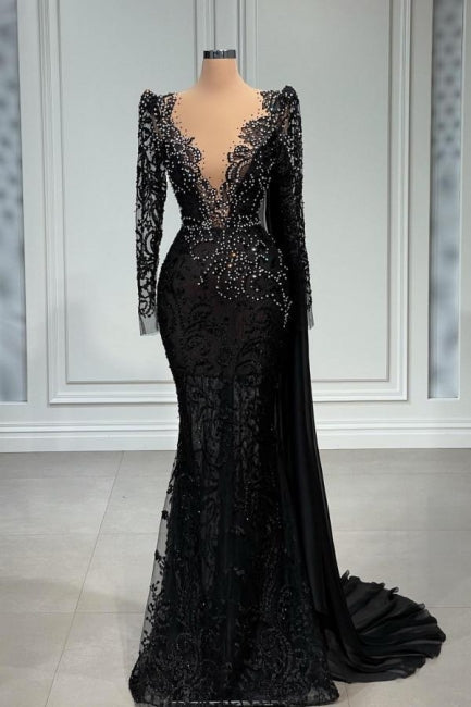 Elegantes vestidos de noche largos negros de encaje con escote en V y corte sirena, con mangas largas.