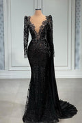 Elegantes vestidos de noche largos negros de encaje con escote en V y corte sirena, con mangas largas.