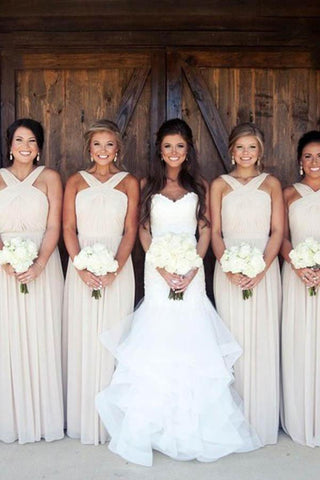 Elegante vestido largo de gasa rosa para dama de honor con fajín BD072