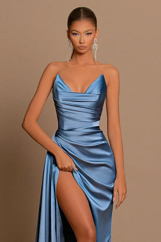 Elegante vestido largo de sirena azul grisáceo sin mangas para baile de graduación con abertura