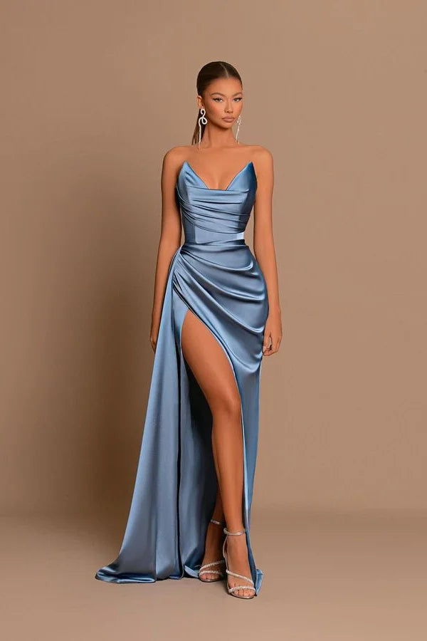 Elegante vestido largo de sirena azul grisáceo sin mangas para baile de graduación con abertura
