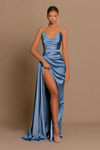 Elegante vestido largo de sirena azul grisáceo sin mangas para baile de graduación con abertura