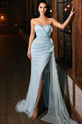 Vestidos de noche largos y elegantes de color azul brillante con abertura estilo sirena para baile de graduación