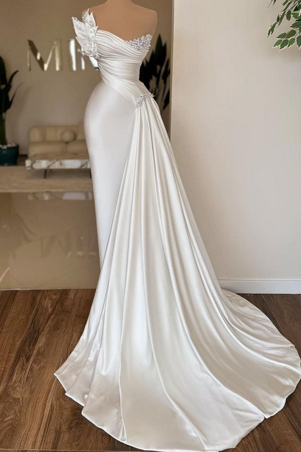Élégante robe de mariée longue bustier en satin ivoire plissée avec perles