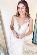 Robe de mariée élégante longue sirène bateau appliques dentelle dos nu