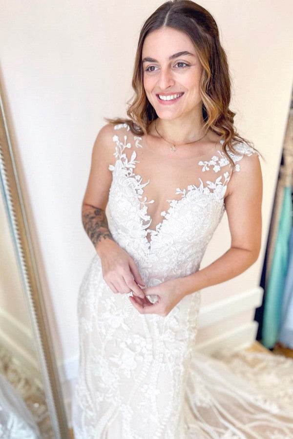 Robe de mariée élégante longue sirène bateau appliques dentelle dos nu