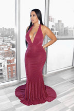 Elegante vestido largo de sirena sin mangas con escote halter y cuello en V para baile de graduación